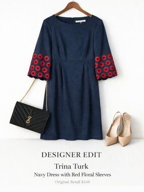 Trina Turk Navy With Red Embroidered Floral Sleeves Empire Waist Dress 6 EUC